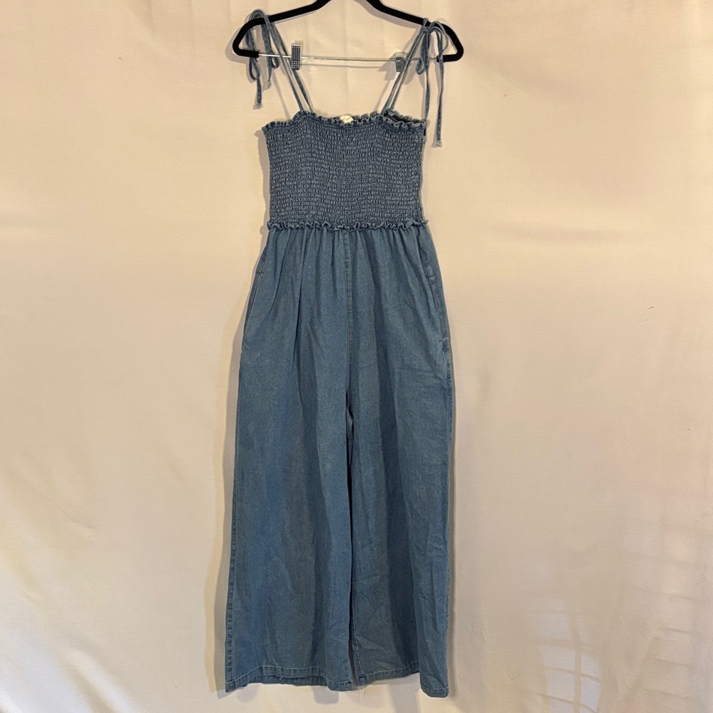 Sweet Generis Smocked Wide Leg Denim Jumpsuit Small Blue